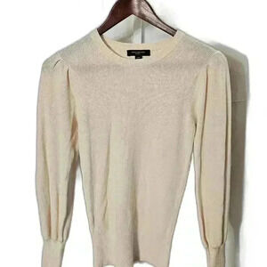 Elegant Cream Ribbed Sweater with Puff Sleeves